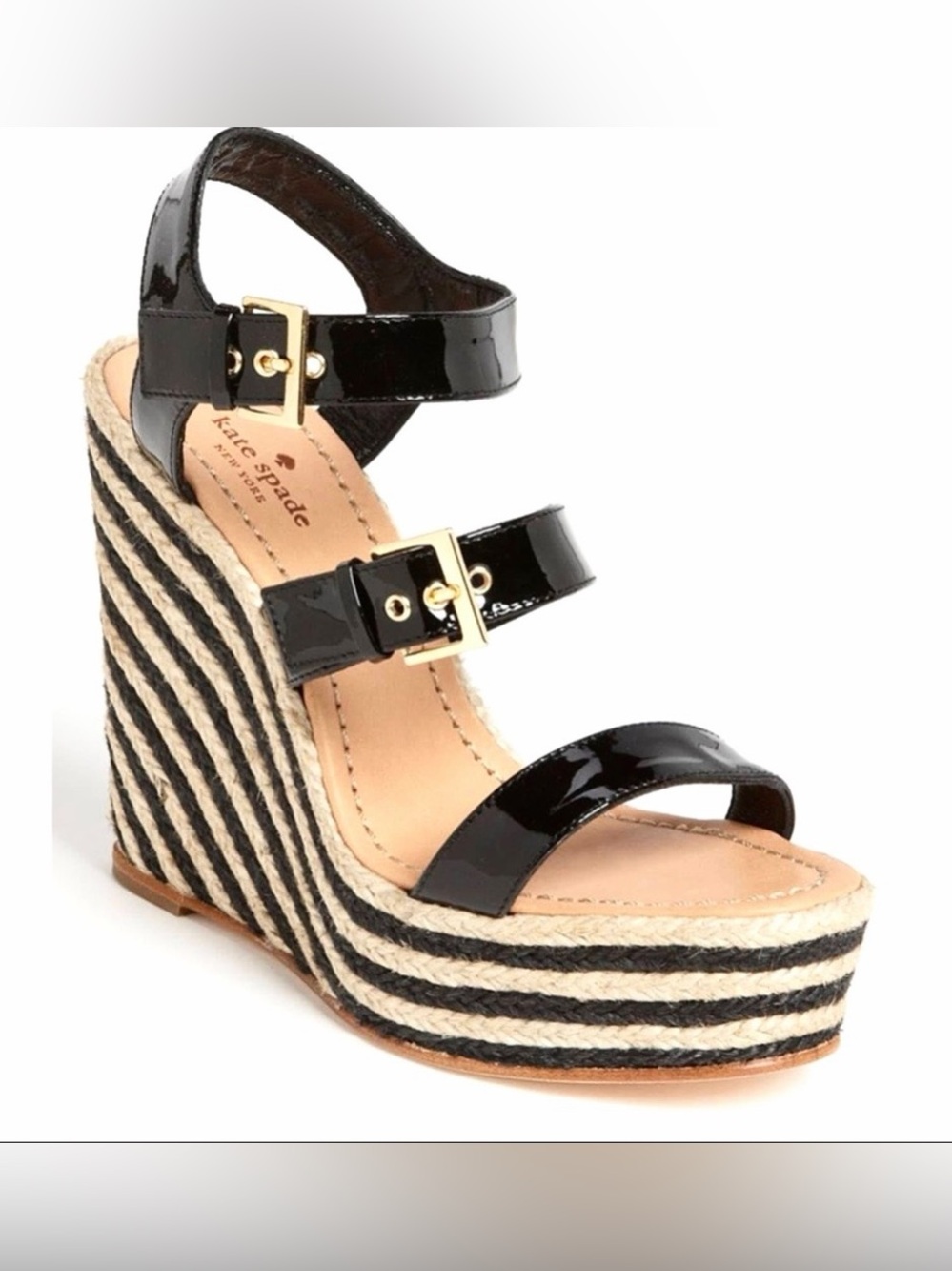 kate spade Lucie Black Patent Striped Espadrille Wedge Sandals - Size 11